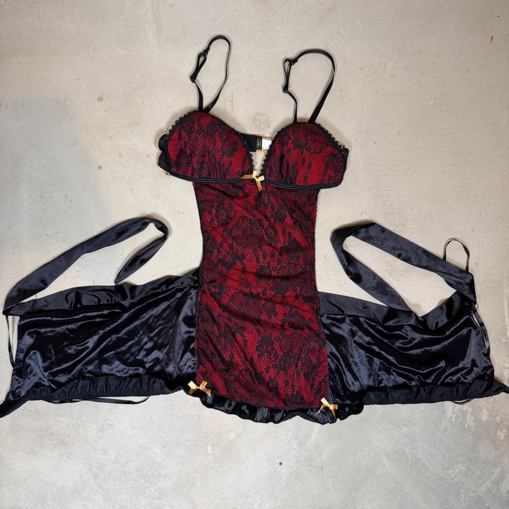 Passion Forever Red Black Lace Chemise Lingerie Satin Bows Gold Trim Size Medium